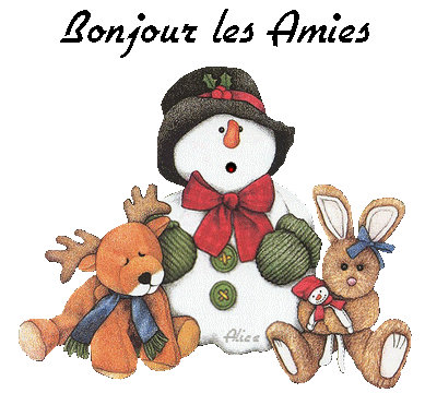 Bonjour les amies - Bonhomme de neige - Animaux - Gif animé - Gratuit