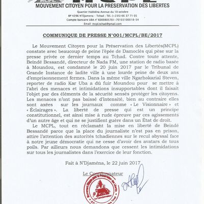 Le Directeur d'une radio condamné au Tchad: vive réaction d'indignation du Mouvement Citoyen pour la Préservation des Librertés (Communiqué de presse)