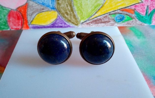 Lapis lazuli,boutons manchette bronze,pierre gemme precieuse,cabochon rond 14mm,cadeau fete anniversaire noel,accessoire costume cravate,sagittaire vierge taureau,bobo boho gothique punk