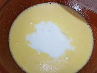 1 - Battre les oeufs et le sucre jusqu'à ce que le mélange blanchisse. Ajouter le lait et la crème fraîche, puis incorporer l'absinthe (ou autre alcool de votre choix, ou fleur d'oranger si enfants).