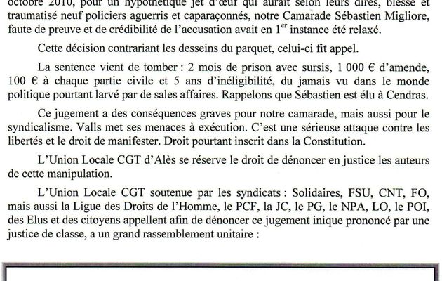 TOUS DEVANT LE TRIBUNAL VENDREDI à 17 H 30 POUR DIRE NON à LA CRIMINALISATION DE L'ACTIVITE SYNDICALE !