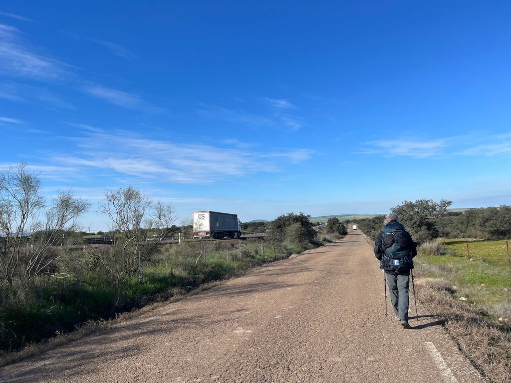 Une acienda, ses moutons et des cigognes au milieu du troupeau gardé par un grand chien qui nous aboie dessus pour nous ordonner de nous tenir loin. Entre parc national et autoroute.