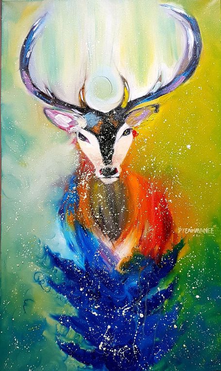 Oil Painting Size: 70x100cm by PIPPA, Reindeer in Himmapan forest