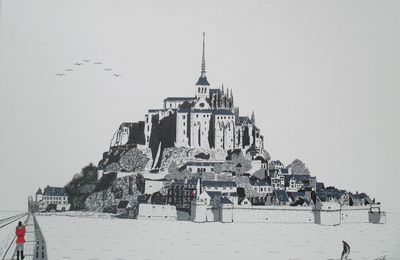 Enfin, un nouveau tableau, après deux mois d'interruption : C'est une "Marine" à l'encre de chine représentant le Mont-Saint-Michel entouré par la mer, le 6 avril 2019, jour de l'Assemblée Générale de l'Association des Amis du Mont-Saint-Michel. Ce jour-là, le coefficient de marée était de 90 et il faisait beau. 