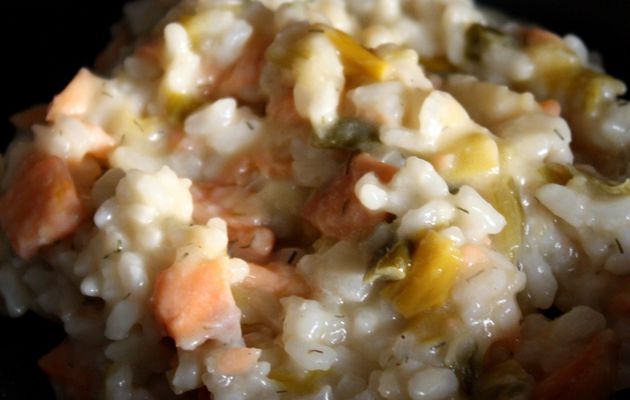 Risotto au saumon fumé et poireaux