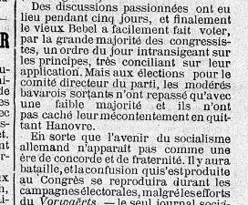 04.11.1899. Le petit caporal. Rosa Luxemburg dans la presse française. &quot;Voilà ce que n'admettent pas les intransigeants qui s'élèvent face aux modérés. Les intransigeants sont menés à la bataille par Singer, Liebknecht, Schoënlank, le théoricien Kautsky de la revue Les temps nouveaux, et les femmes comme Rosa Luxemburg et Clara Zetkin, qui repoussent toute alliance avec le néant (la bourgeoisie).