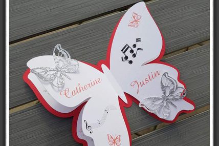 Faire part mariage papillon rouge et argent