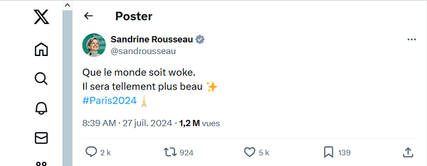 Post de Sandrine Rousseau du 27 juillet 2024