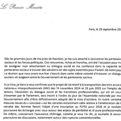 Lettre du 29 septembre 2025 adressée aux partenaires sociaux par le Premier ministre.
