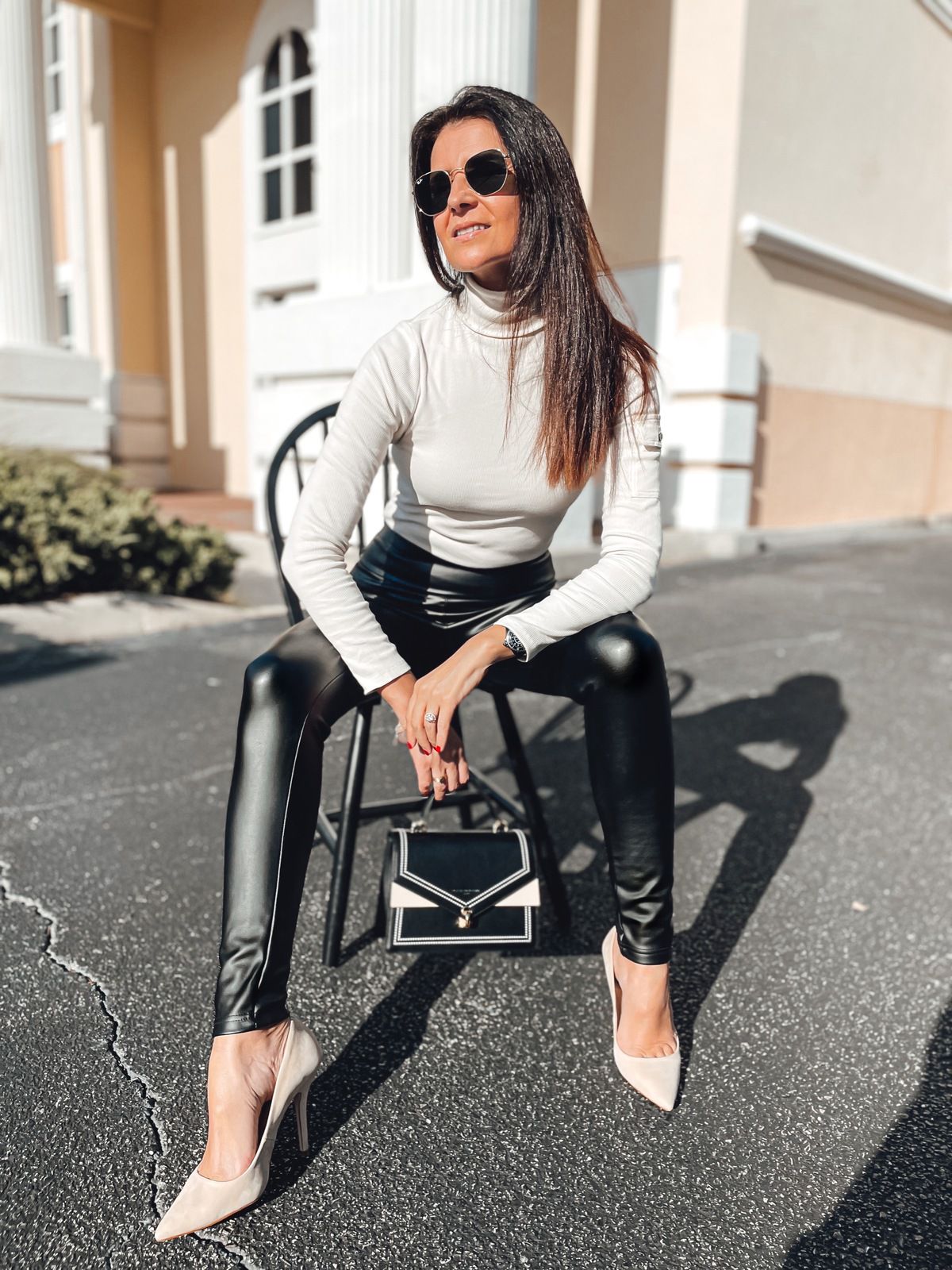 Faux leather leggings with an Organic cotton roll neck. - So French By Naty