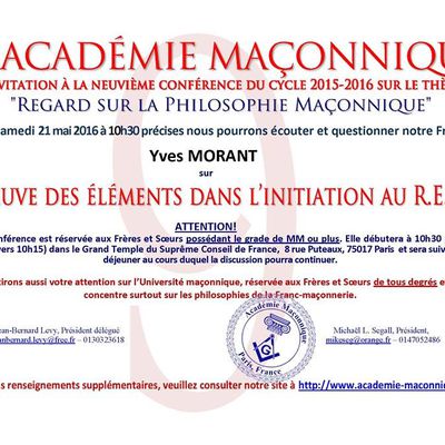 L'épreuve des éléments dans l'Initiation au REAA, par Yves Morant à l'Académie Maçonnique le 21 mai 2016