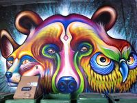 Par ordre d'apparition : des fresques de Bruno Smoky, Kevin Ledo, Knorke Leaf, Futur Lasor Now, Labrona, TurtleCaps, Bruno Smoky et Shalak.
