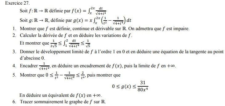 POST BAC - Intégration - Exercice complet - Continuité - Dérivabilité - Etude de variations - Développement limité - Equivalence - Equation de la tangente