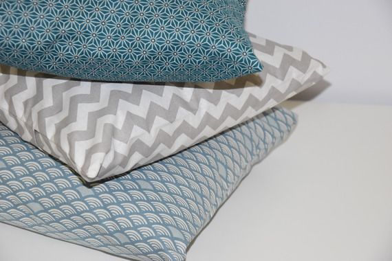 Tissu Motifs Chevrons Asanoha et Vagues - Tons Gris et Bleu