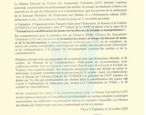 L'Union des Journalistes Tchadiens (UJT) informe le public sur la célébration de la semaine de l'éducation aux médias