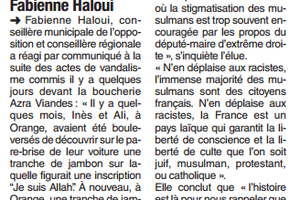 Tag et jambon sur une boucherie halal à Orange, réaction de F. Haloui