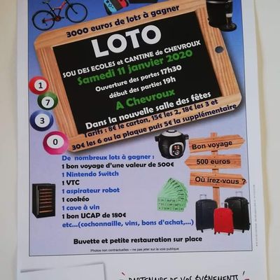 Le Sou des écoles et la cantine scolaire de Chevroux organisent un loto. 