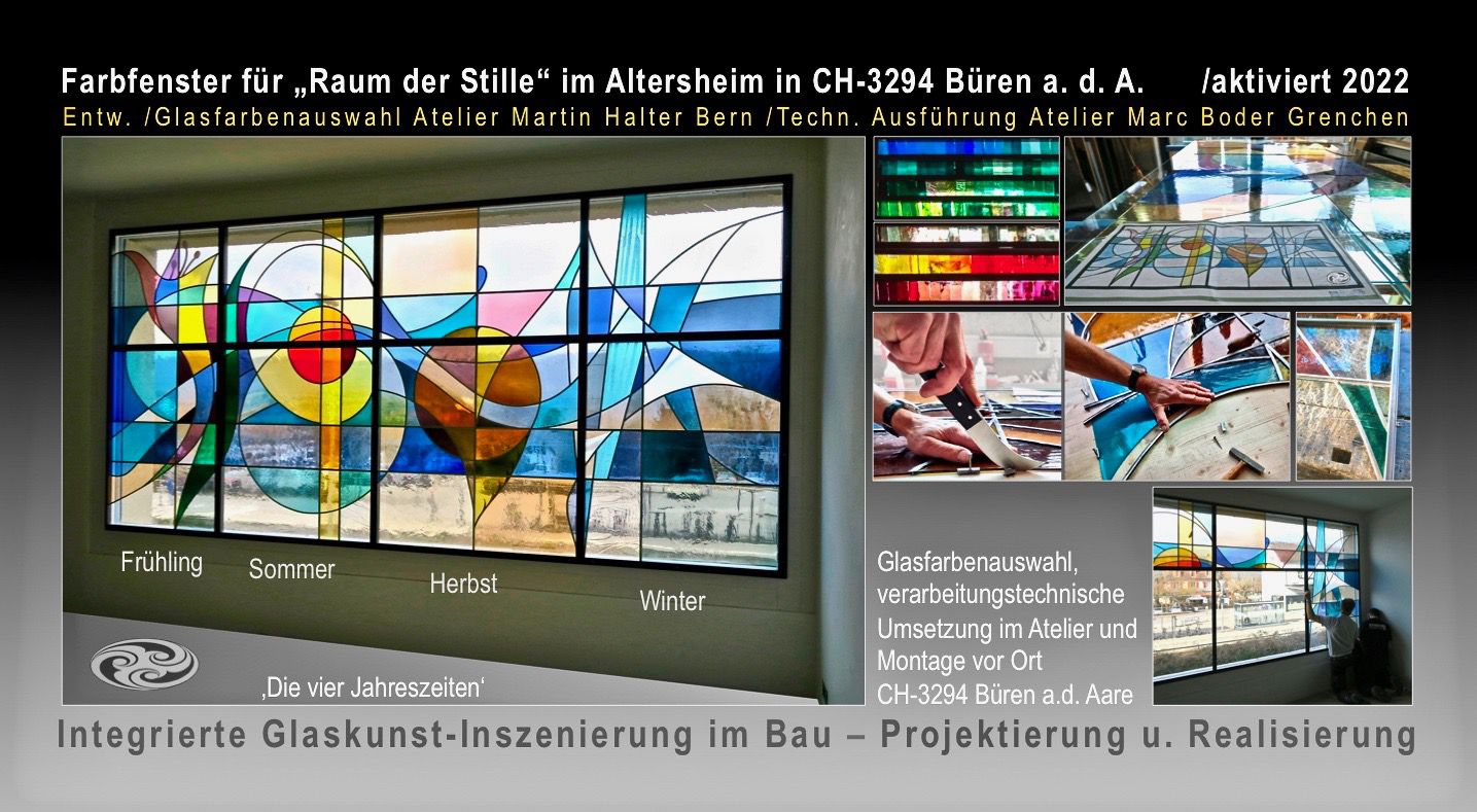 Glaskunst im Bau, Glaskunst in der Architektur, Glasdesign mit Farben im Licht, glasmalkunst.ch