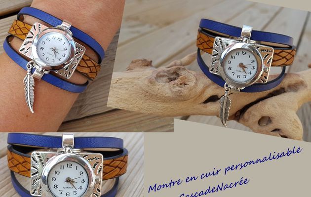 montre bracelet cuir personnalisable camelle bleu roi électronique idée cadeau plume 29,90E