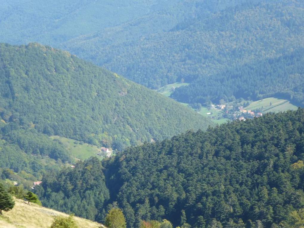 Panorama sur la vallée de Wasserbourg, Colmar, la Forêt-Noire et les Alpes suisses.