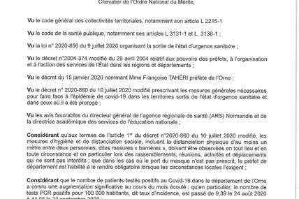 PORT DU MASQUE OBLIGATOIRE - ARRETES DU 28.09.2020