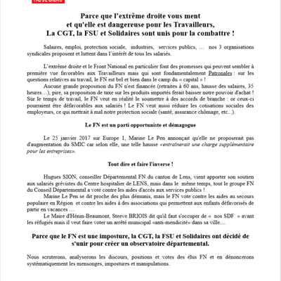 Tract commun CGT, FSU et SOLIDAIRES,contre l’Extrême-Droite dans le Pas-de-Calais.