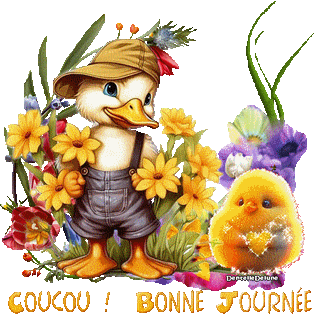 Coucou - Bonne journée - canard - fleurs - poussin - gif animé-a
