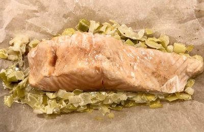 Salmon in a papillote on a leek and onion fondue with cream