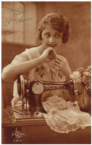 vintage postcard - lady sewing