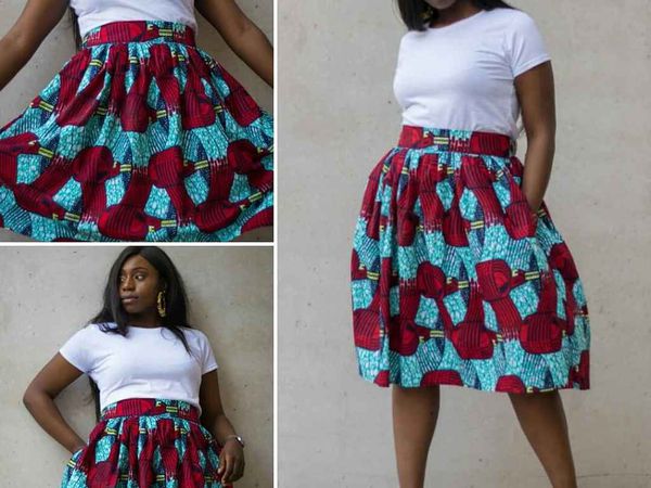 A selection of bows on the left, top and earrings in the middle with green lipstick worn by myself, circle ankara skirt on the right