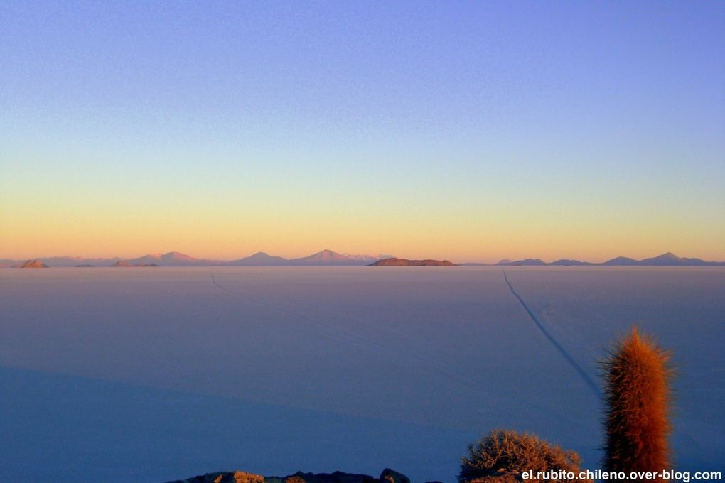 Levé de soleil depuis la Isla de Incahuasi. Traversé d'une des merveilles naturelles du monde. Le plus grand désert de sel du monde. Du blanc à perte de vue et un ciel bleu extraordinaire.