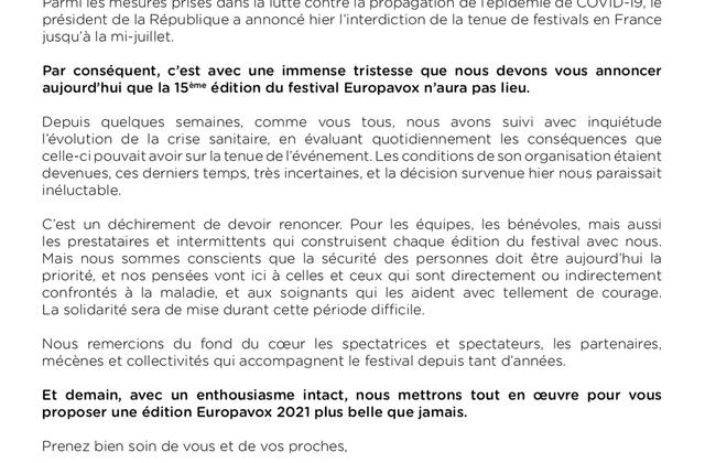 Communiqué de presse Europavox : annulation de l'édition 2020