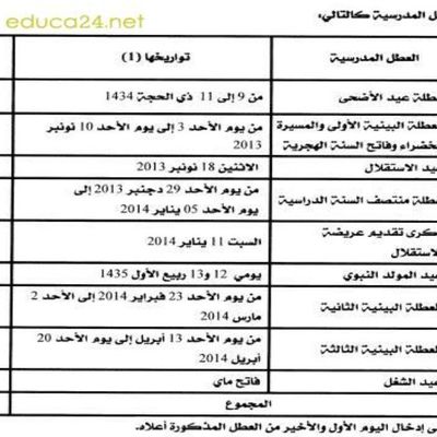 Calendrier des vacances scolaires 2013-2014 (Maroc)