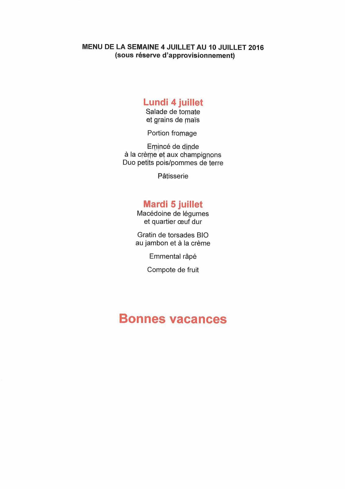 Menu du restaurant scolaire du 4 juillet au 5 juillet