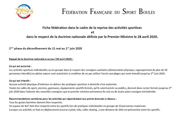 Communiqué de la FFSB du 30 avril 2020