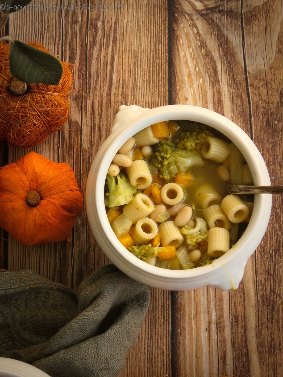 soupe, légumes, minestrone, potimarron, fenouil, brocolis, ail, haricots blancs, pâtes, la gourmandise est un joli défaut