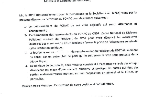 Nouvelle démission au sein du FONAC au Tchad: la coalition s'implose!