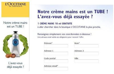 Une crème pour les mains au Karité gratuite chez L'Occitane !