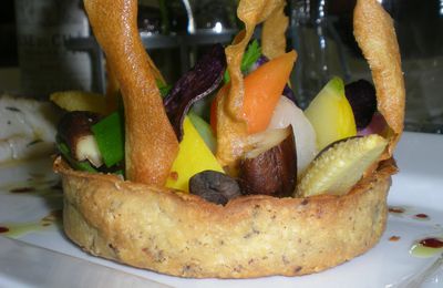 tarte aux petits légumes, shitakés et chips