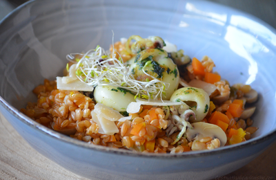 Risotto de petit épeautre aux légumes et seiches sautées en persillade