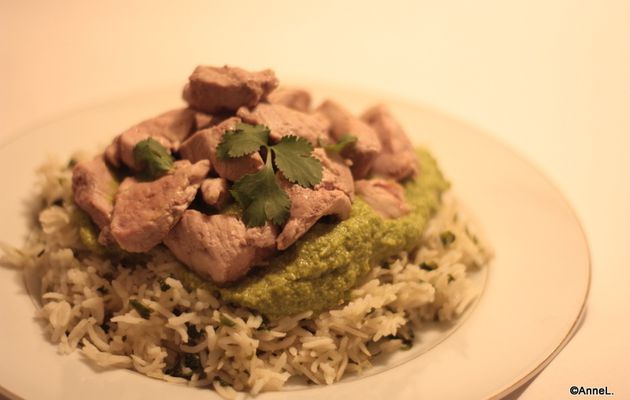 Riz, filet de porc et "pesto" de brocoli et coriandre