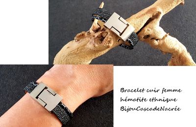 bracelet cuir femme hématite noir gris argenté joli fermoir magnétique idée cadeau fait sur mesure 19,90E