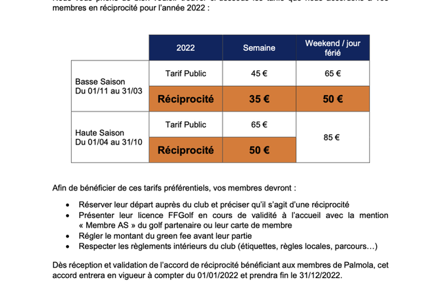 Accord de réciprocité avec le golf de Palmola