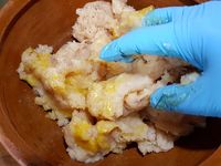 1 - Couper le poulet en morceaux et le passer au mixeur pour en faire un hachis. Placer le poulet haché dans un récipient, ajouter l'oeuf entier et malaxer à la main.