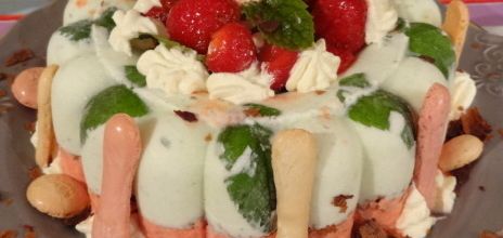 Dessert glacé fraise-menthe : une onctueuse glace à la fraise mariée avec la légèreté d'une glace au fromage blanc parfumé à la menthe...