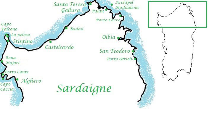 carte, voyage, Sardaigne, villes, mer