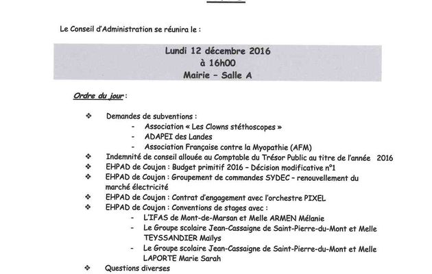 Avis du Conseil d'Administration du CCAS du 12 décembre 2016