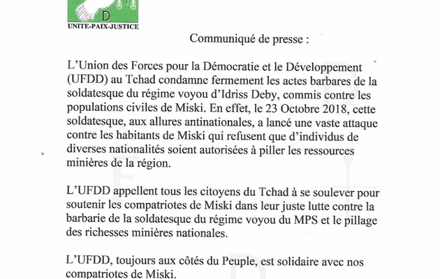 Tchad: l'UFDD condamne les bombardements des civils à Miski