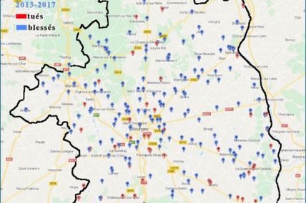 Dans le cher, la carte de l'accidentalité sur une période de 5 ans (2013 à 2017).