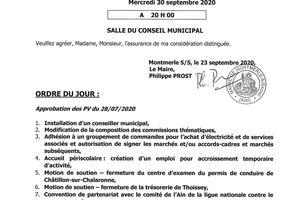 Montmerle sur saône : ordre du jour du conseil Municipal du 30 septembre